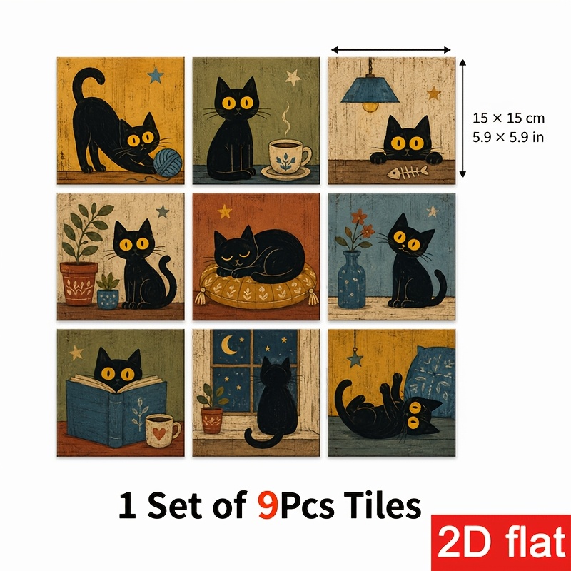 TEMU 2d Flat 9pcs 15x15cm (5.9x5.9in) Slate Tile Stickers Decorative - Self-adhesive, Peel And Stick Wall Tiles With Vintage Cat Motif For Kitchen