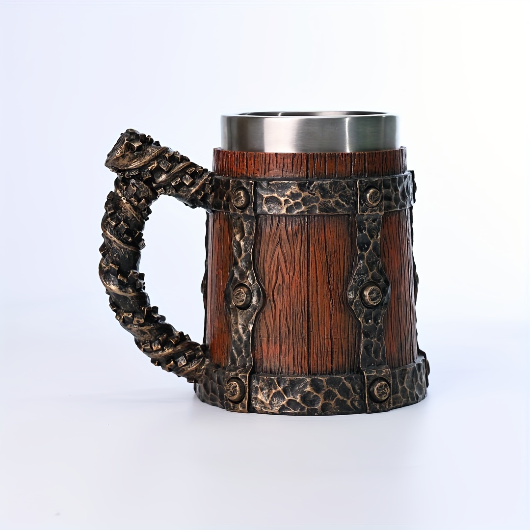 vintage 600ml large capacity barrel stainless steel coffee mug handcrafted wood like   with striped pattern insulated reusable metal beer   for home use ideal for christmas halloween easter thanksgiving fathers day gifts details 5