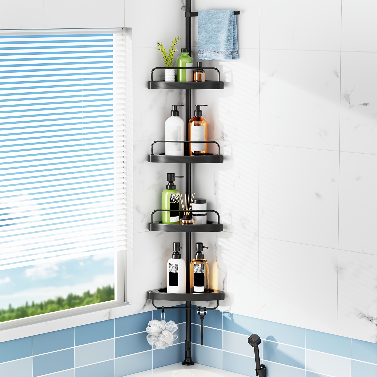 TEMU Étagère d'angle de douche HAMITOR à 4 niveaux, panier d'angle de douche, étagère de rangement de salle de bain réglable et support pour plantes,