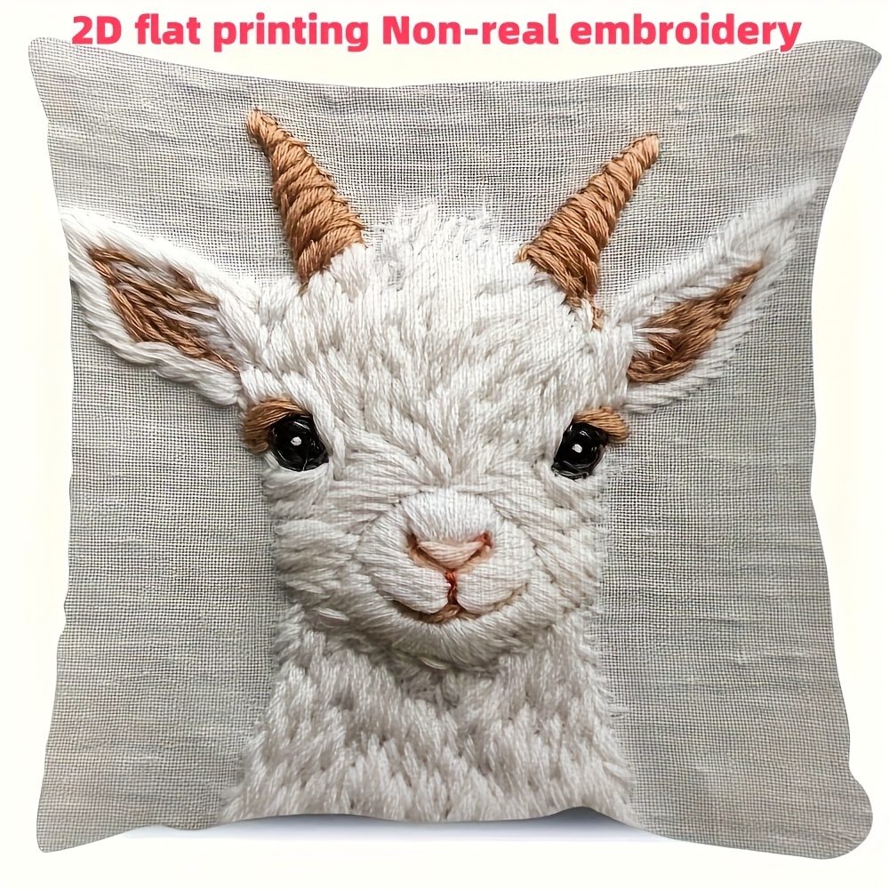 TEMU 1pc 2d Flat Printing Cute Goat Decorative Pillowcase, Non-real Embroidery, Polyester Fiber, Single-sided Print, Features A , Suitable For Home