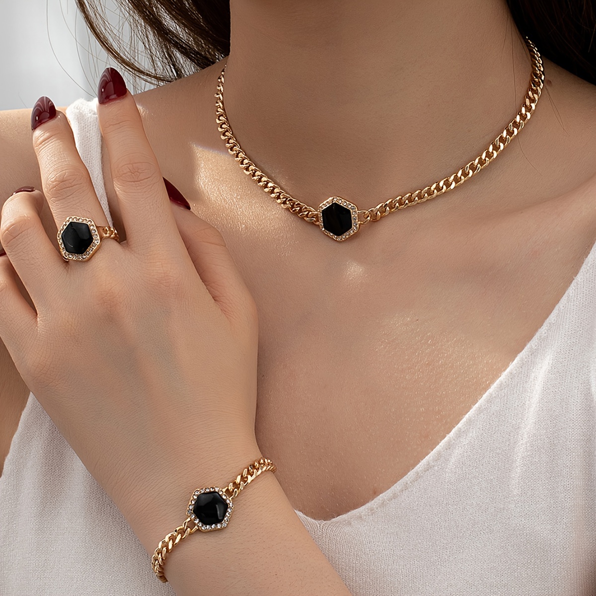 

1 Set Of Simple Temperament Black Hexagon Pendant Necklace Ring Bracelet 3pcs Jewelry Set For Women Banquet Accessories