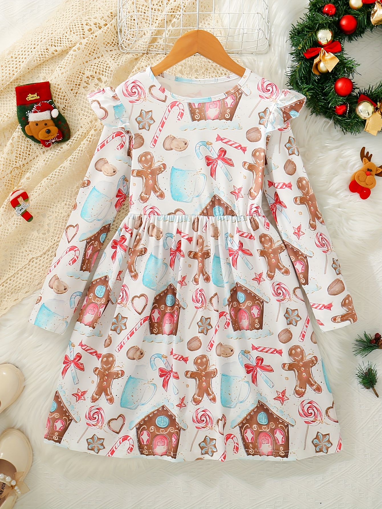 girls' casual christmas long sleeve dress - jersey fabric with polyester  and elastane, medium stretch, 3 santa print, festive knit round neck dress  for children - kids' fashion - Temu United Arab Emirates