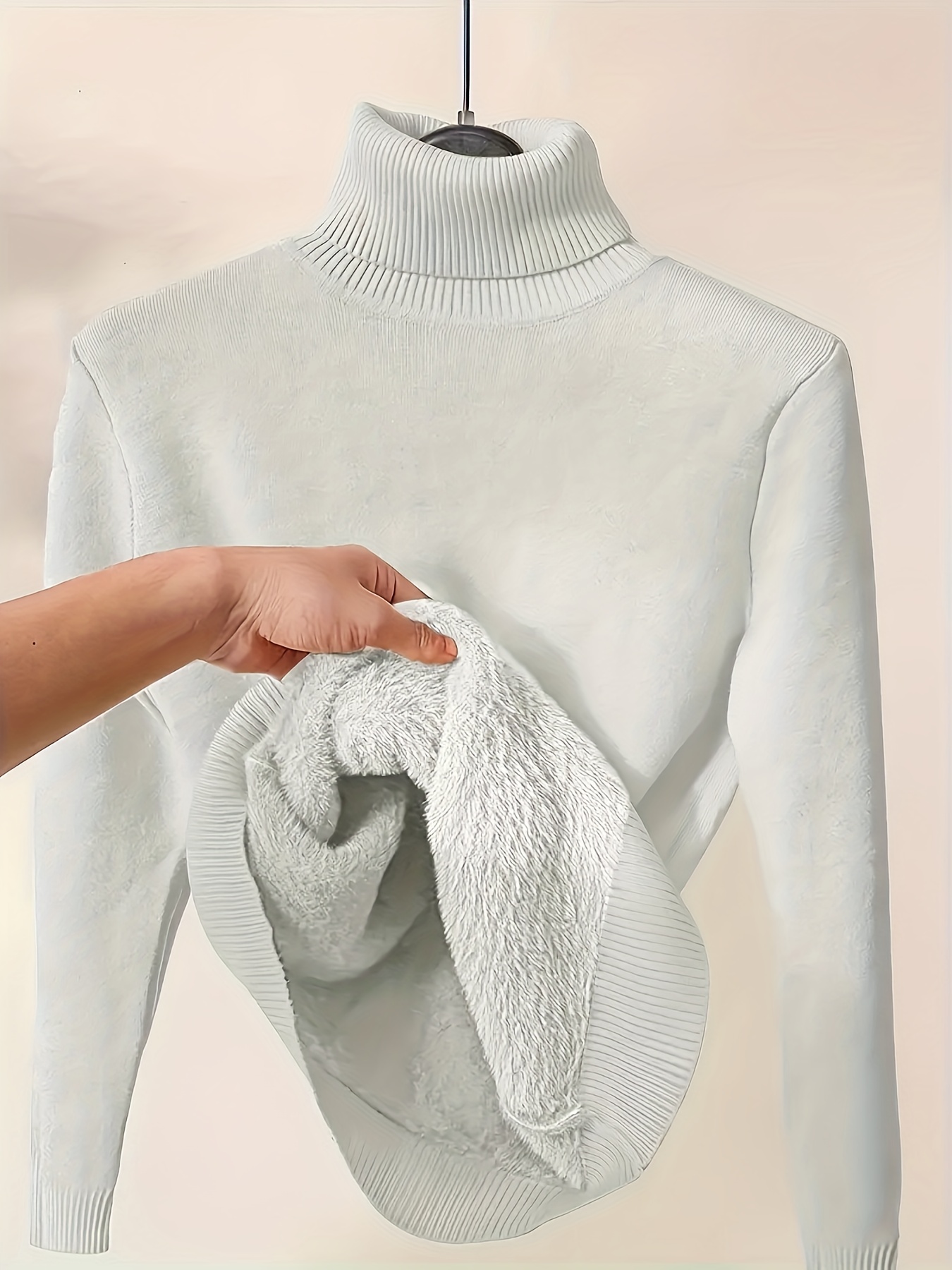 elegant beige turtleneck sweater plush trim warm long sleeve