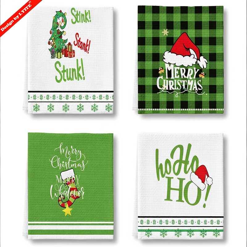 TEMU 4pcs Funny Kitchen Towels - Festive Green With Santa Hat & Stocking Design, Quick- Absorbent, Soft Dish Cloths For Home Decor, Perfect For