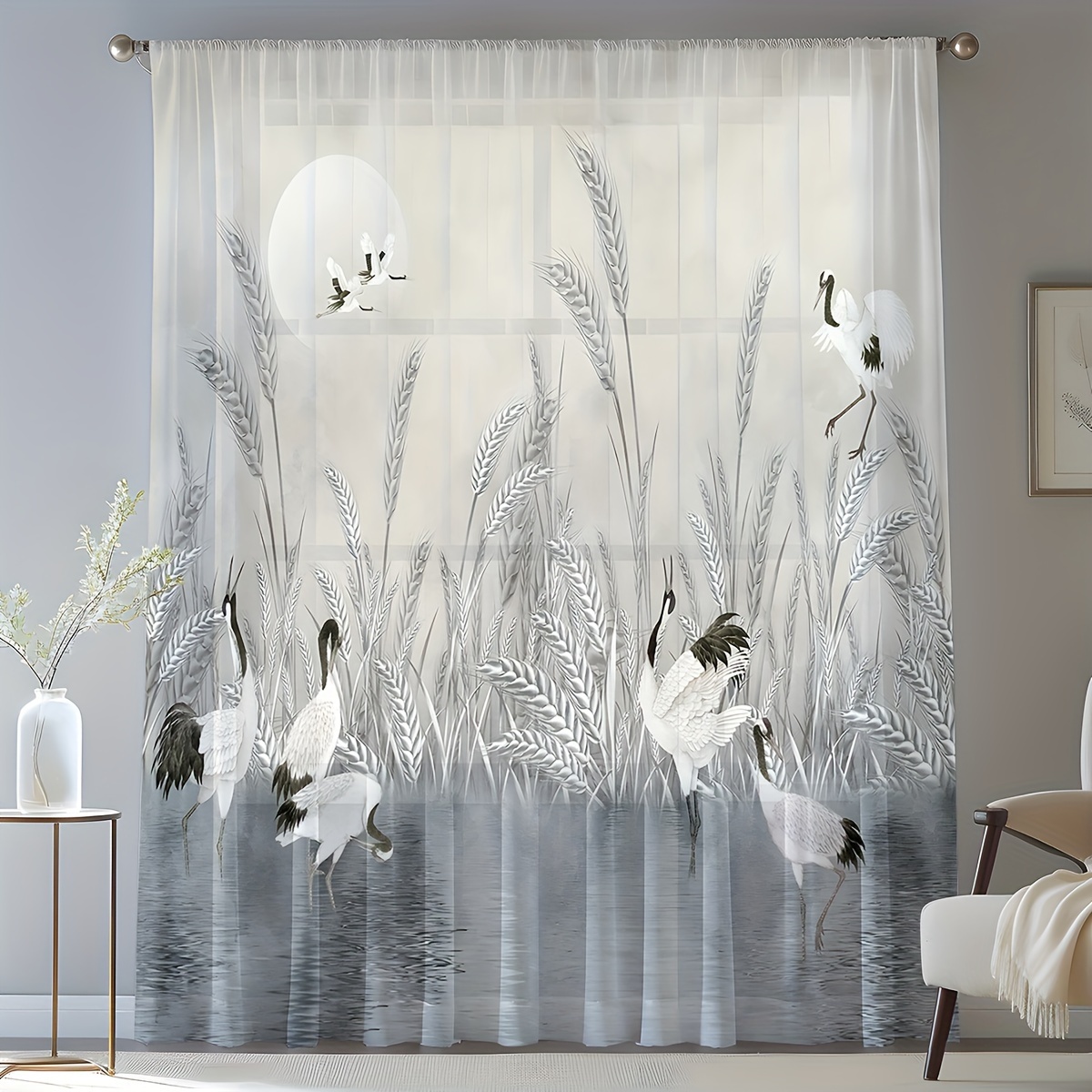 TEMU 1pc Digital Printed Window Sheer Curtain Featuring Black-necked In , A Realistic Of In A Chinese Style. Washable And Suitable For Decorating