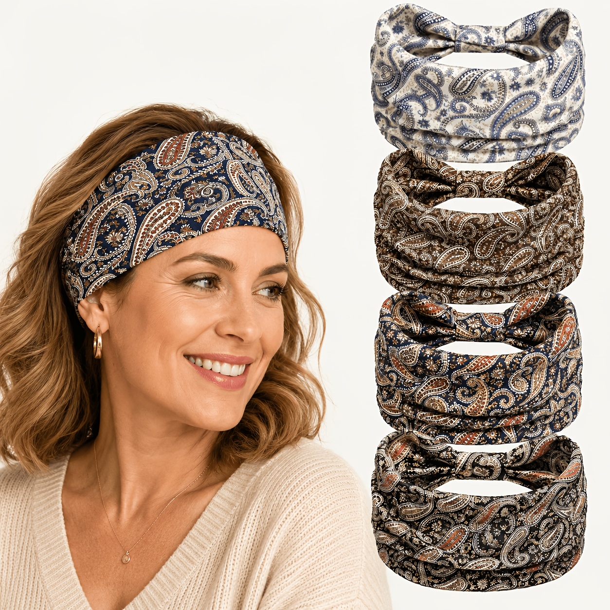 TEMU 4pcs Women's Vintage Paisley Printed Tie-back Headbands, Wide Elastic Bohemian Turban Headbands, Non-slip Elastic Fabric Headwear For Yoga And