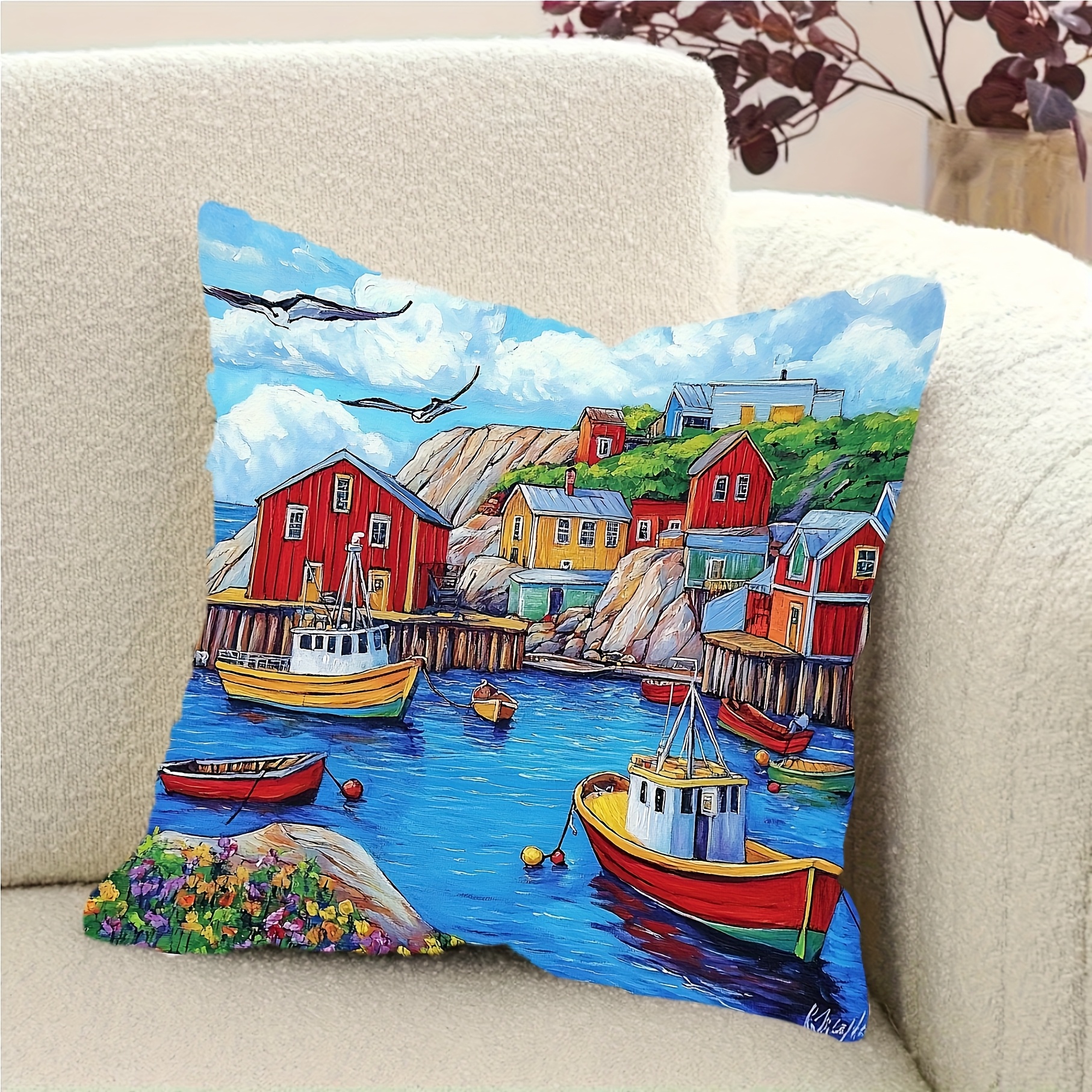 TEMU 1pc Short Plush Polyester Pillowcase 18x18 Inches - Acrylic Painting Coastal Art, Modern Print Design Zipper Closure, Suitable For Living Room