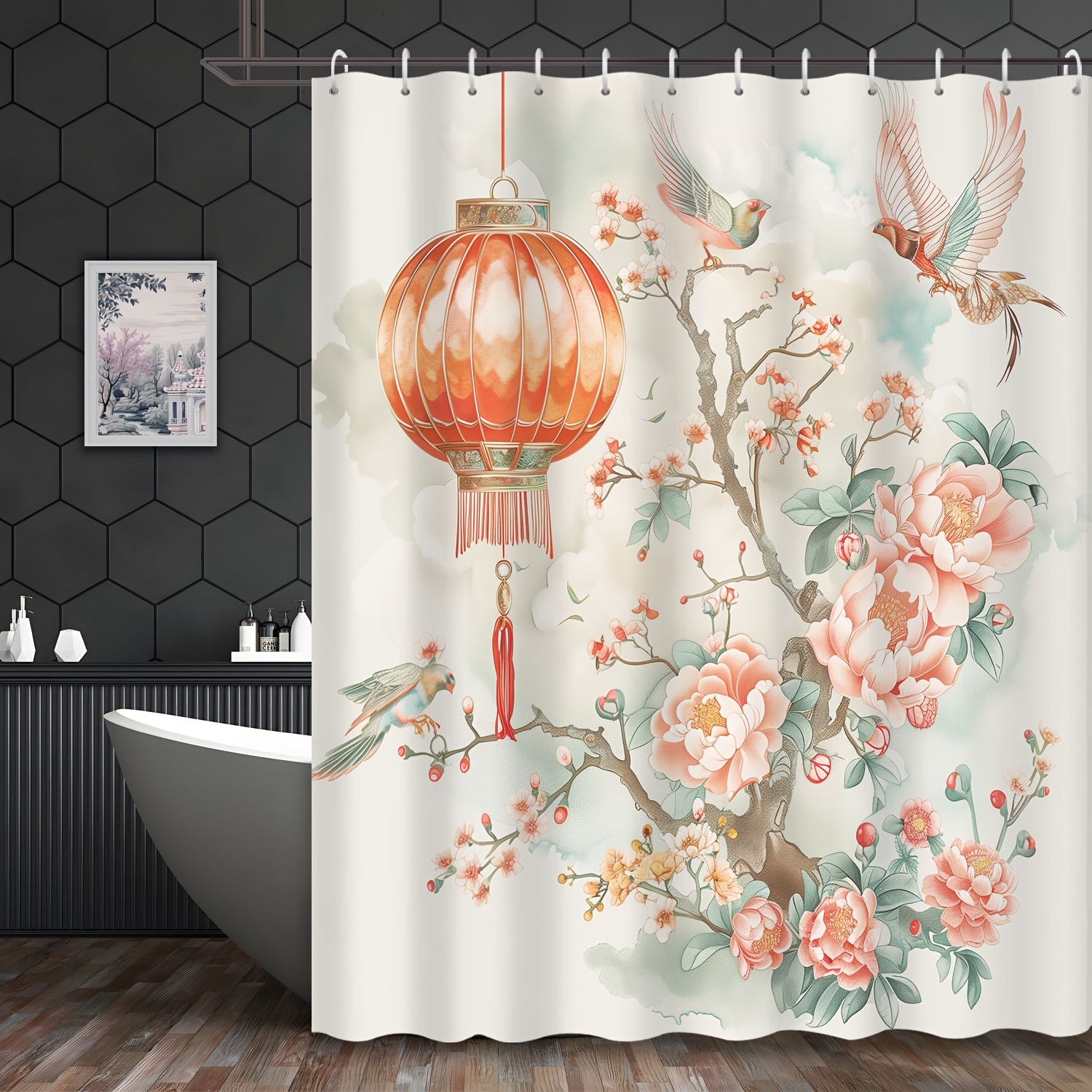 

Elegant Chinese Red Lantern And Peony Bird Print Shower Curtain With 12 Hooks - 72" X 183" - Waterproof, Machine Washable, And Perfect For Hotel, Apartment, Or Bathroom Decor