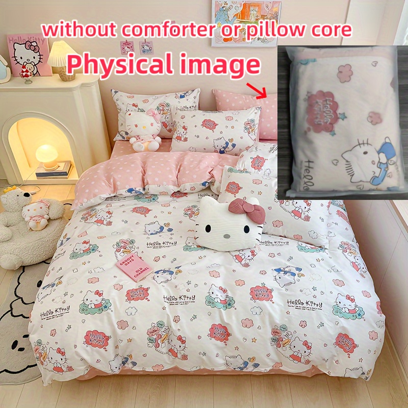 

Hello Kitty Cartoon Duvet Cover Set - 4 Piece Breathable Polyester Bedding With Zipper Closure, Machine Washable, Includes 1 Quilt Cover, 2 Pillowcases, And 1 Bed Sheet - All-season Comfort