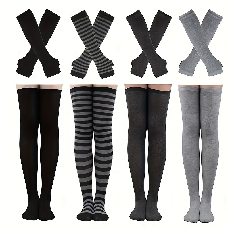 

2pcs Chic Black & White Striped Knee-high Socks & Fingerless Gloves Set - , Warm Polyester For Women | Ideal For Outdoor Activities