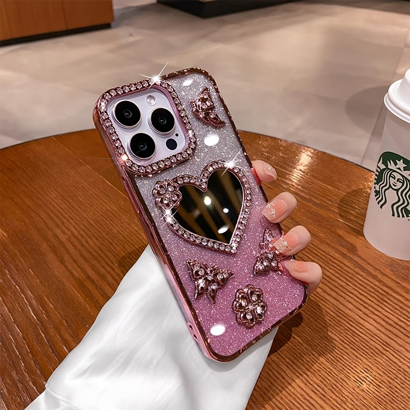 New Love Shape Glitter Mirror Phone Case for IP16 IP 16 Pro Max 15 Pro 14 PLUS 13 12 11 XS, Double Row Of Synthetic Diamonds Luxurious Glitter Feel with Lens Protection, Durable, Shockproof - Image 5