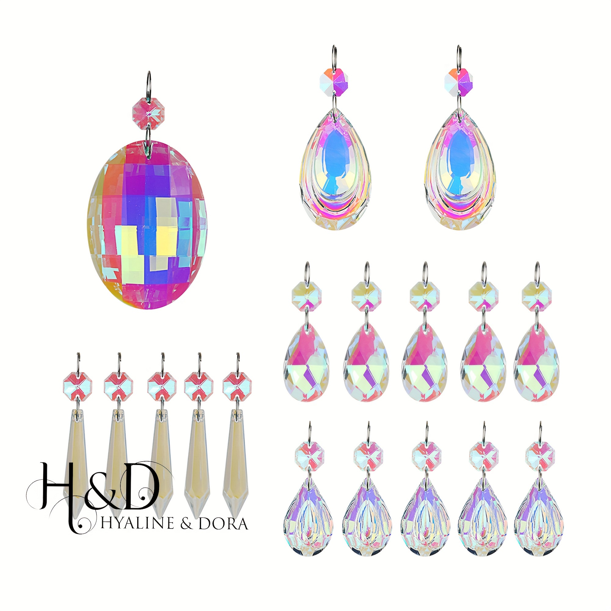 

H&d Hyaline& 18pcs Colorful Crystals Hanging Prisms With Octagon Bead Chandelier Parts Decor Crystal Hanging Drops Pendants