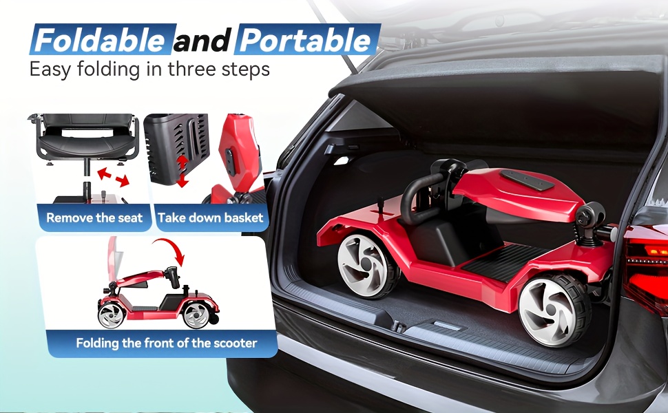 foldable 4 wheel scooter for seniors 16 miles   headlight removable storage basket lightweight portable design fits in car trunk durable frame for indoor outdoor use Product details 4