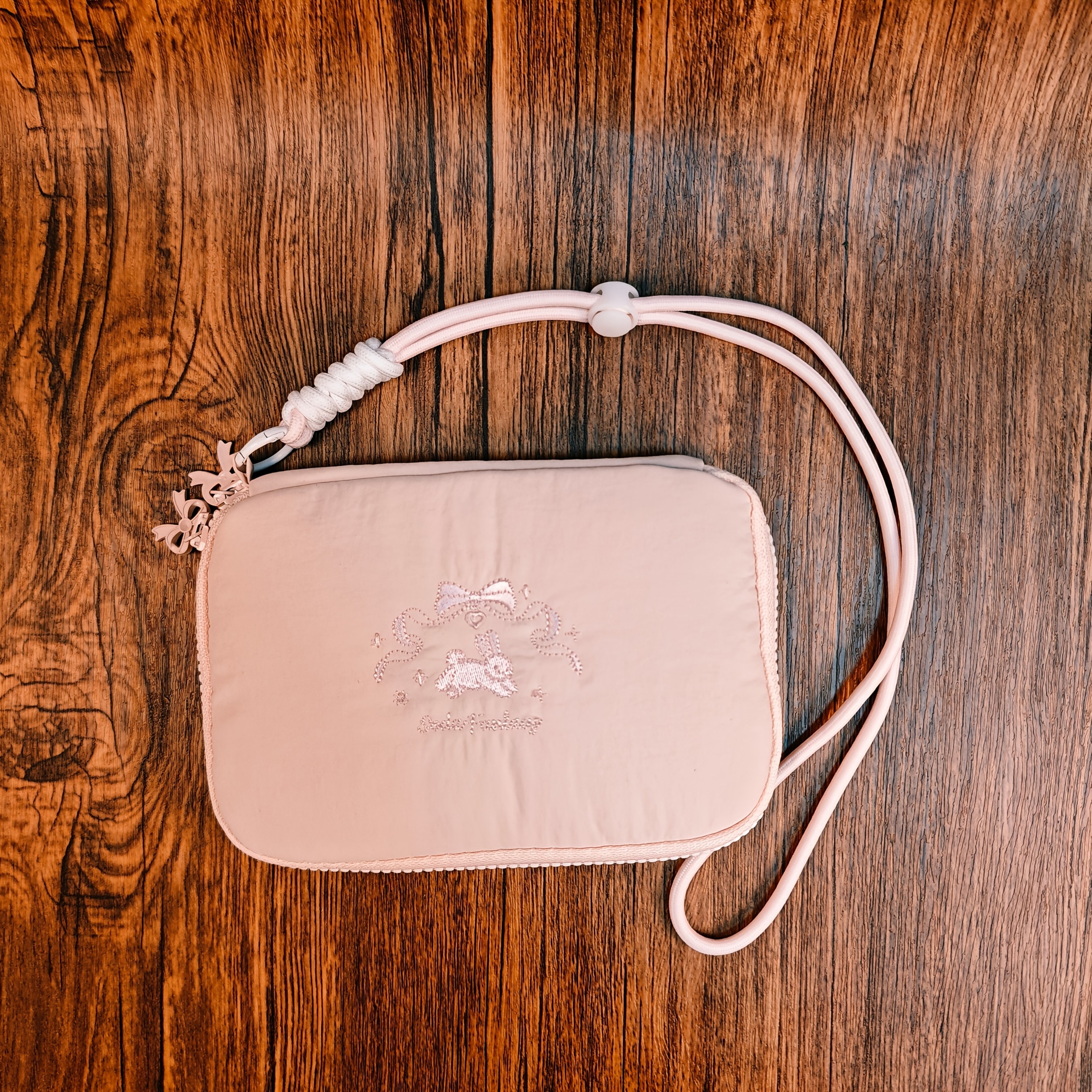TEMU "ballet Bunny" Embroidered Passport Bag - Korean Style Cute Rabbit Organizer With Cash Pocket And Zipper Closure. Fashionable And Durable,