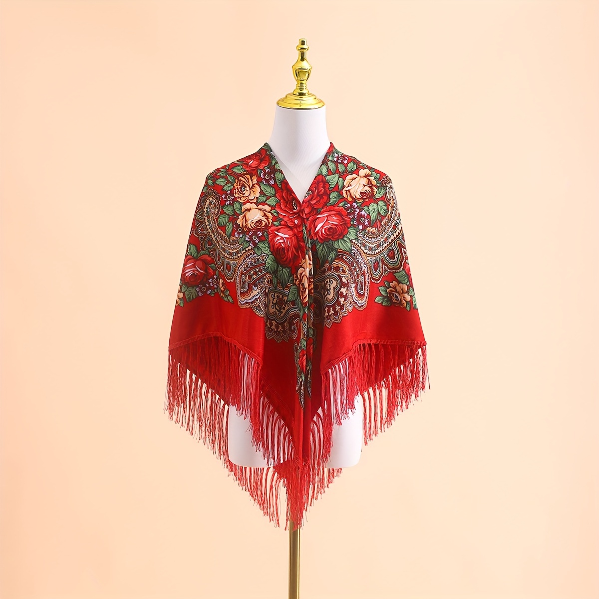 E-shop Eleganter Damen-Schal mit Blumenmuster und Quasten - Klassischer Ethno-Stil, Weiches Polyester, Winddicht & Dekorativ für Freizeitaktivitäten