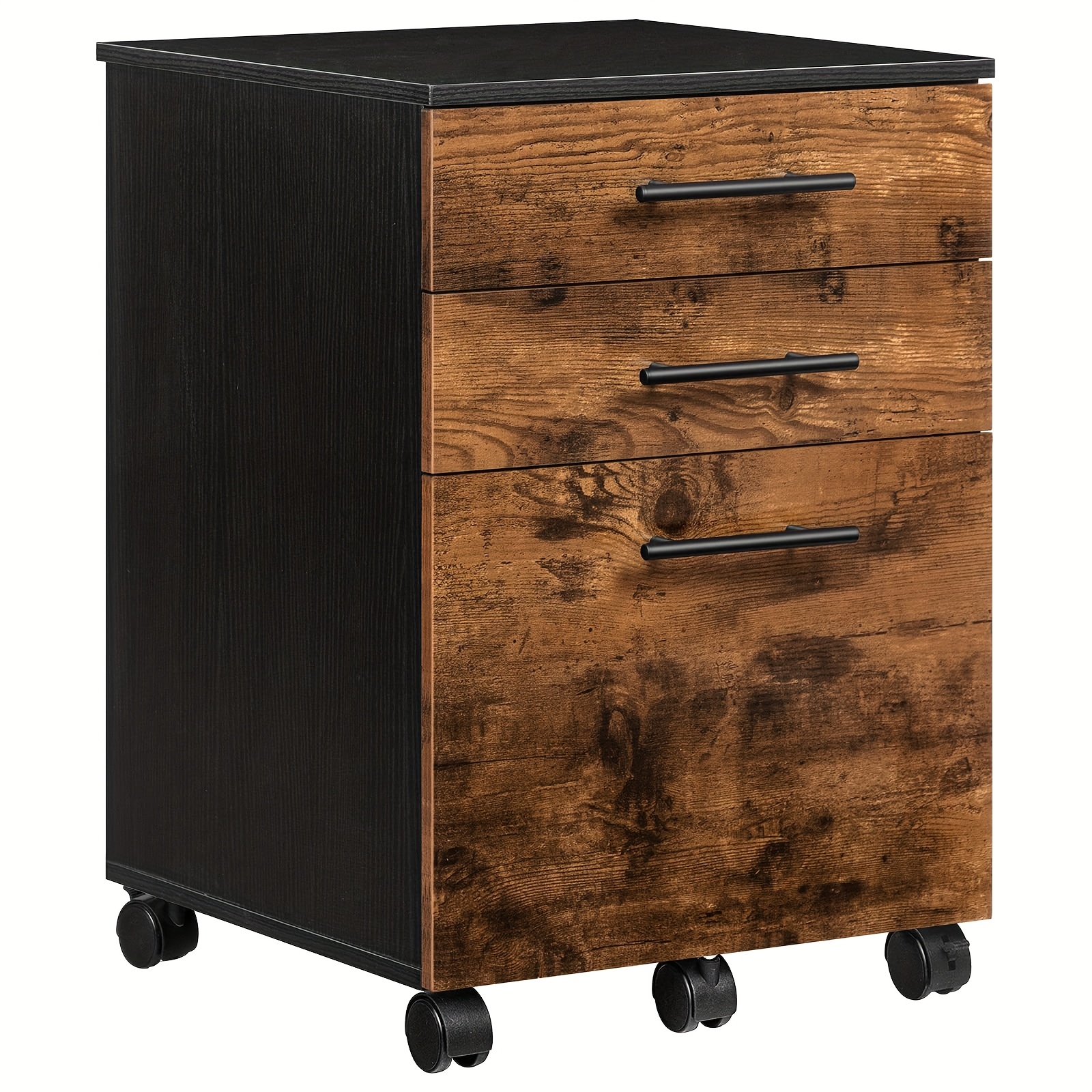 Image of Office Filing Cabinet, Industrial Style 3-tier Drawer Storage Cabinet, With Movable Wheels, Used To Hang Folders, Brown And , Sturdy And Durable