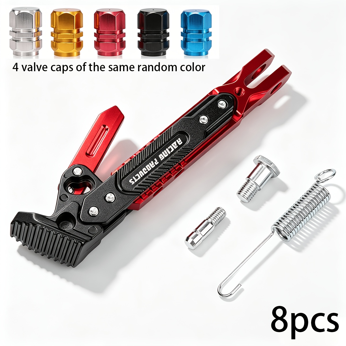 TEMU 8pcs/cnc Machined Aluminum Alloy Motorcycle Adjustable Side Stand Foot Pads With Anti-slip Mats, Random Color Tire Valve Cap Protectors