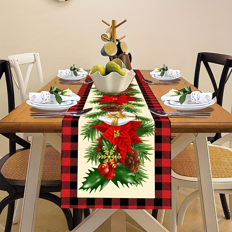 

Christmas Table Runner - Polyester Table Decor With Pine Branches, Holly & Ornaments - Machine Made, Holiday Themed Table Runner For Christmas Decorations, Home , Gifts - 1pc