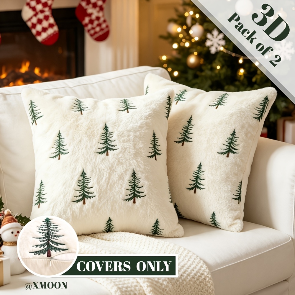 TEMU Lot de 2 housses de coussin 18x18 pouces en fausse fourrure de lapin pelucheuse avec broderie 3D sapin de Noël, style nordique scandinave