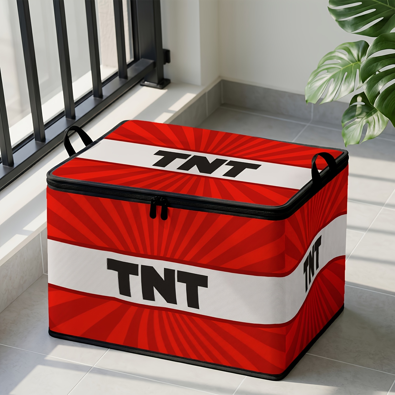 TEMU 1pc Storage Box With Zipper, Tnt Exploding Block Theme Printed Rectangular Fabric Organizer, Foldable With Handle, Suitable For Bedroom Closet
