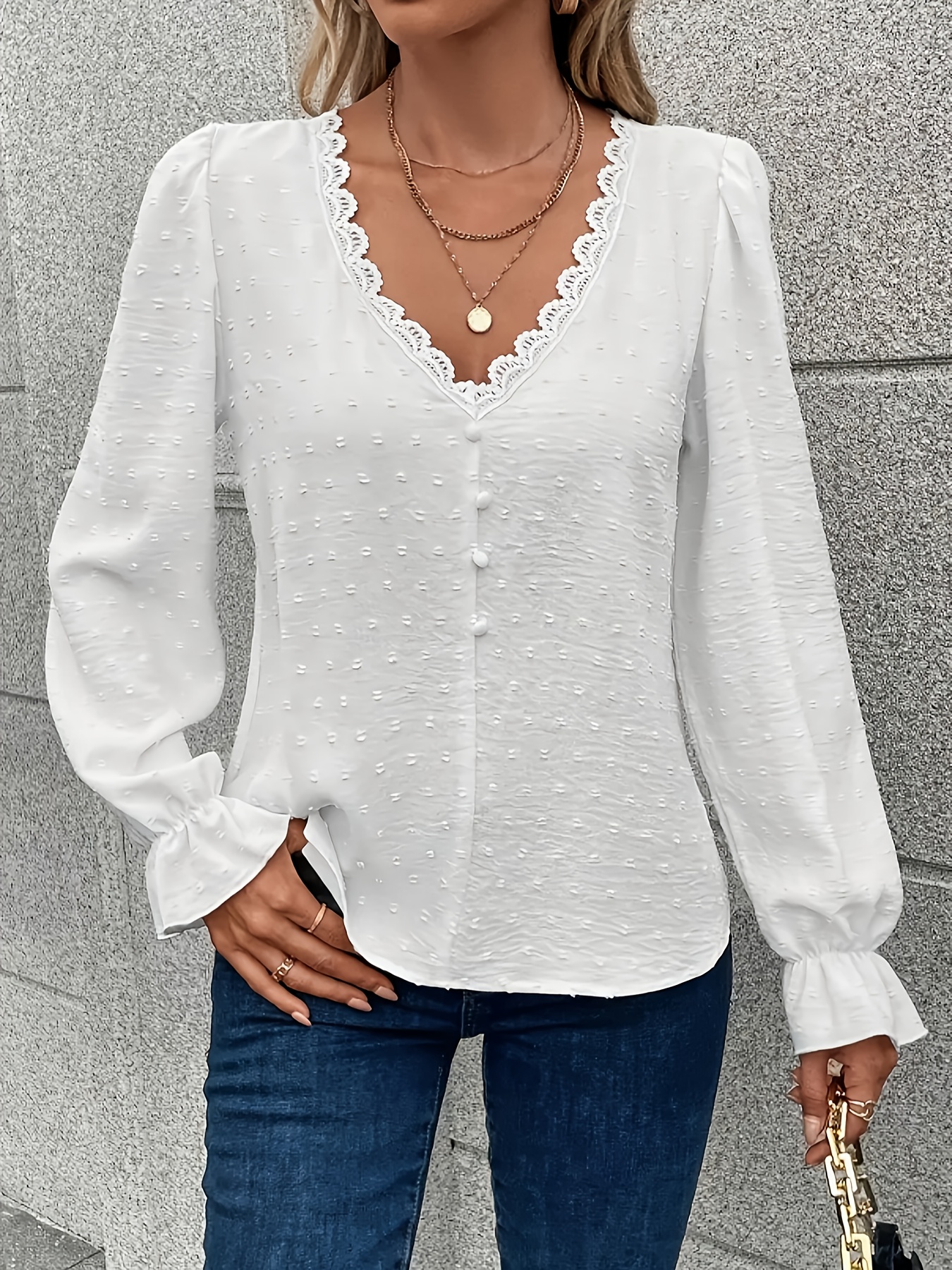 1pc Elegant V-Neck Long Sleeve Shirt with Lace Collar and Solid Color, 100%  Polyester Woven Fabric Button-Up Blouse for Women