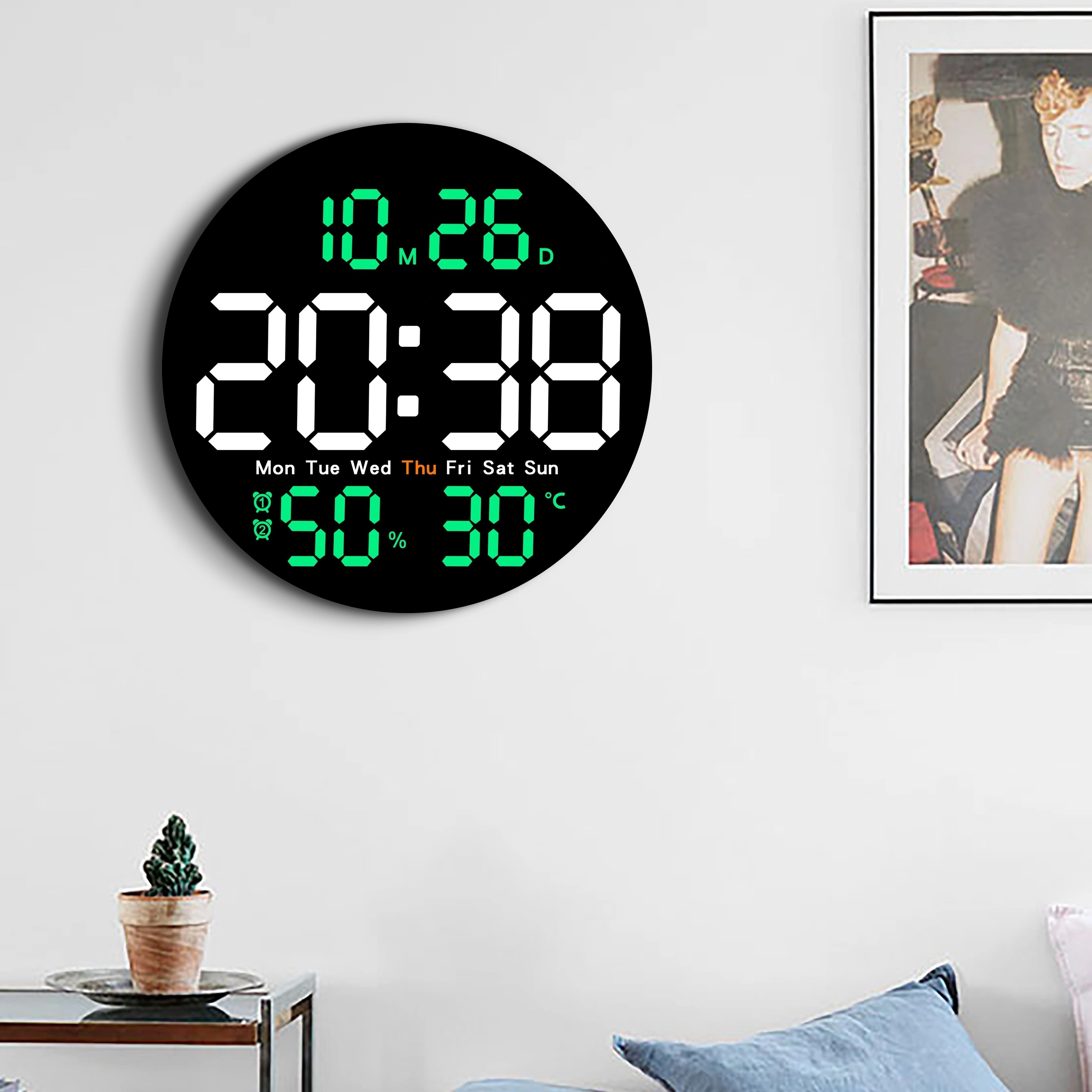 Reloj digital, reloj de pared digital con pantalla LED grande de 11.5  pulgadas, brillo ajustable, con día y fecha, temperatura interior,  repetición