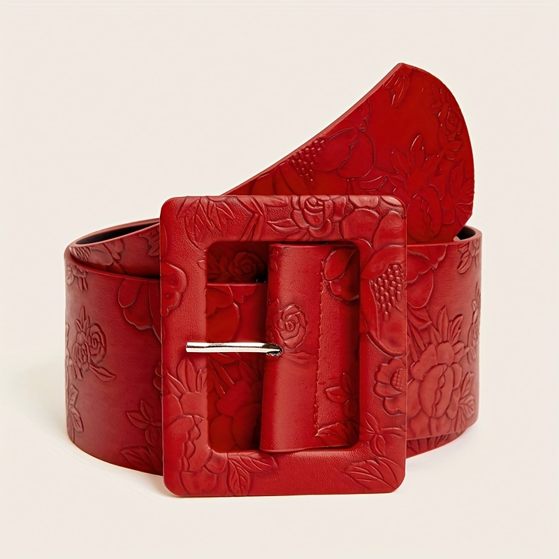 Vintage Red Embossed Wide Belt for Women Adjustable Waistband