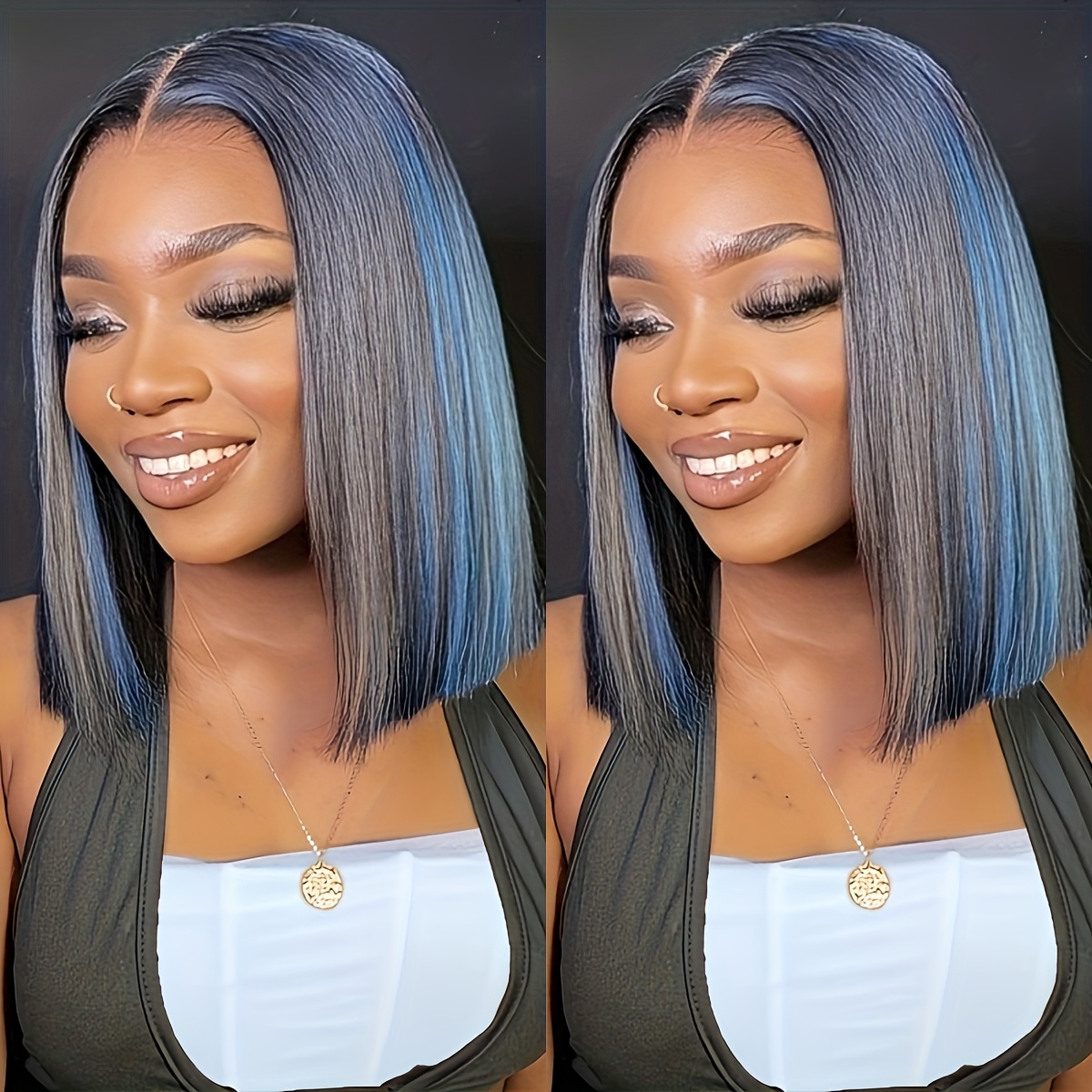 a blue highlighted straight bob wig made human hair - Temu  display picture 1