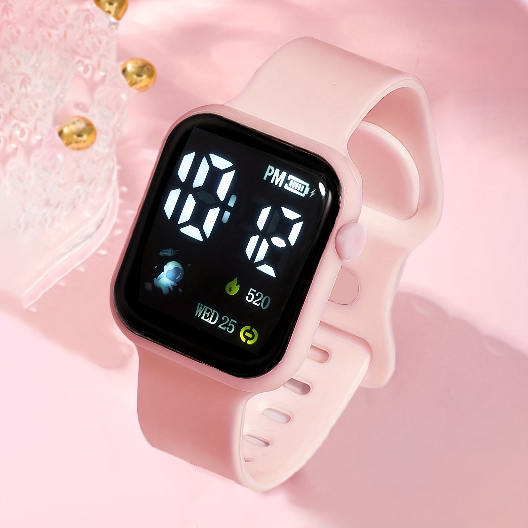 A 6pcs Set of Watches Featuring Cute Cartoon Designs, Pink Astronaut Digital Watches, And Heart Jewelry Sets, Equipped with Flashing LED Lights Suitable for Everyday Wear, Holidays, Sports Bands, Travel Running, And Birthday Gifts