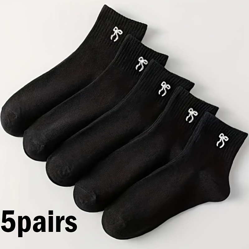 TEMU 5 Pairs Black & White/ Random Style Women's Minimalist Bow Short Socksstylish Versatile Casual Sports Socks, Soft & Comfortable, Suitable For