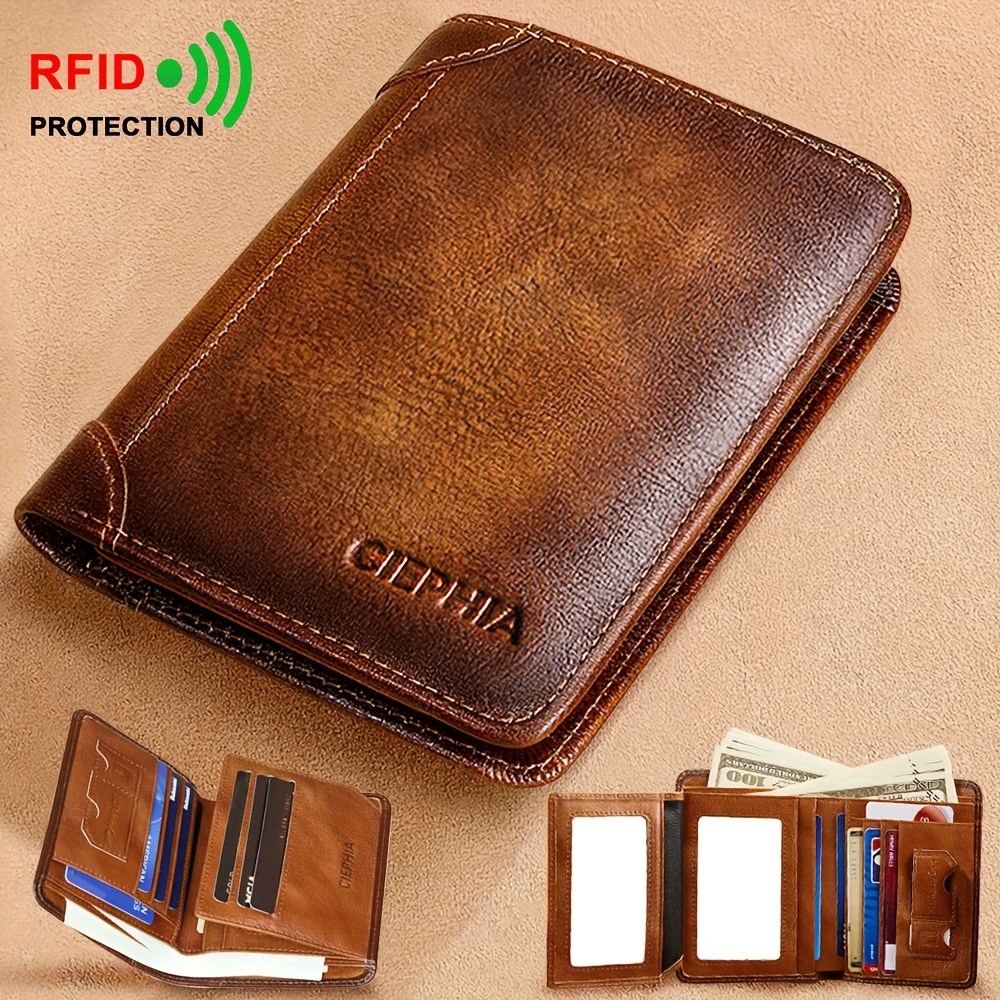 

1pc Men's Genuine Leather Zipper Wallet, Top Layer Cowhide Rfid Blocking Wallet, Vintage Multi-functional Wallet With 2 Id Card Windows, Ideal Gift For Men