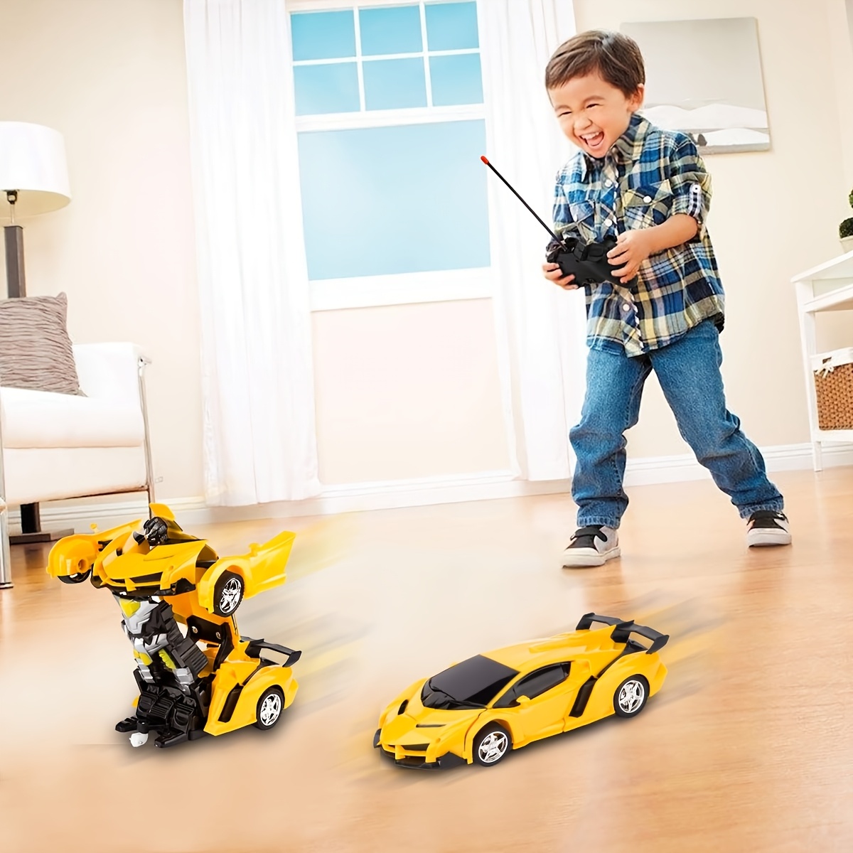1:18 Scale Yellow Robot Transforming Remote Control Car for Youngsters - 360° Rotating LED Lights, 14KM/H, Rechargeable Lithium Battery (800mAh*2), USB Charging, Flashing Taillights & Headlights, Futuristic Design - Perfect Christmas or Birthday Gift, Fun Outdoor Play | Sleek Aerodynamic Design | Rechargeable Toy, SHOLLAR