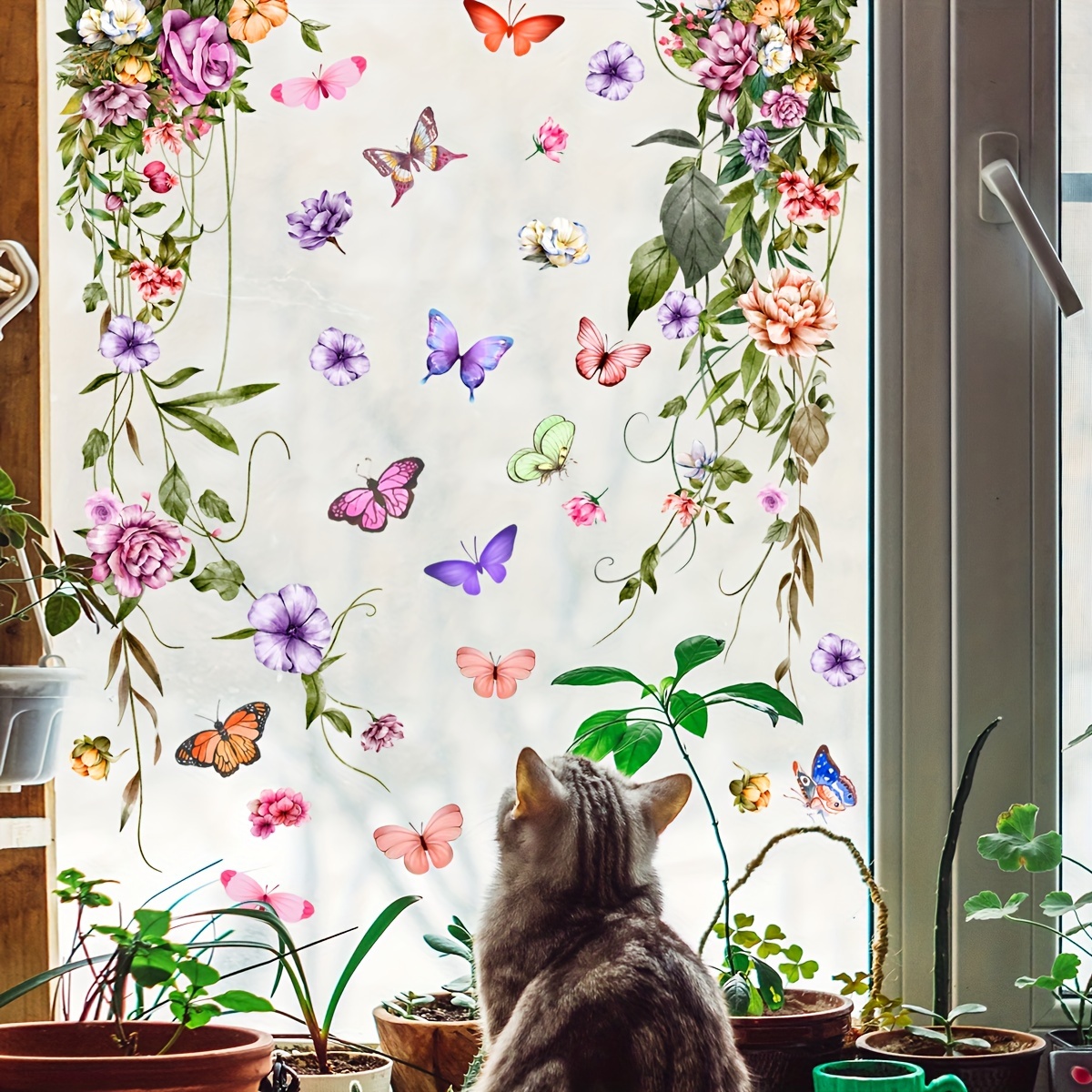 

1pc Butterfly & Floral Vine Window Clings, Colorful Double-sided Glass Decals For Home And Storefront, Creative Pvc Static Stickers, Aesthetic Home Decoration, Room Decor, Beautify Your Home