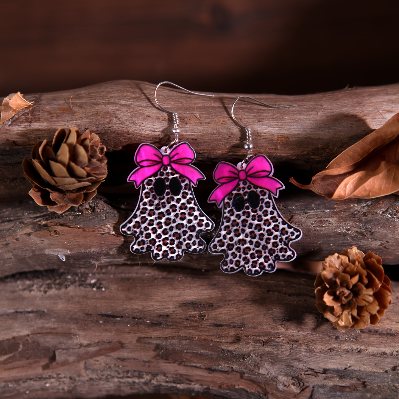 Handmade Glossy Resin Dangle Drop Earrings with Cherry Leopard Print