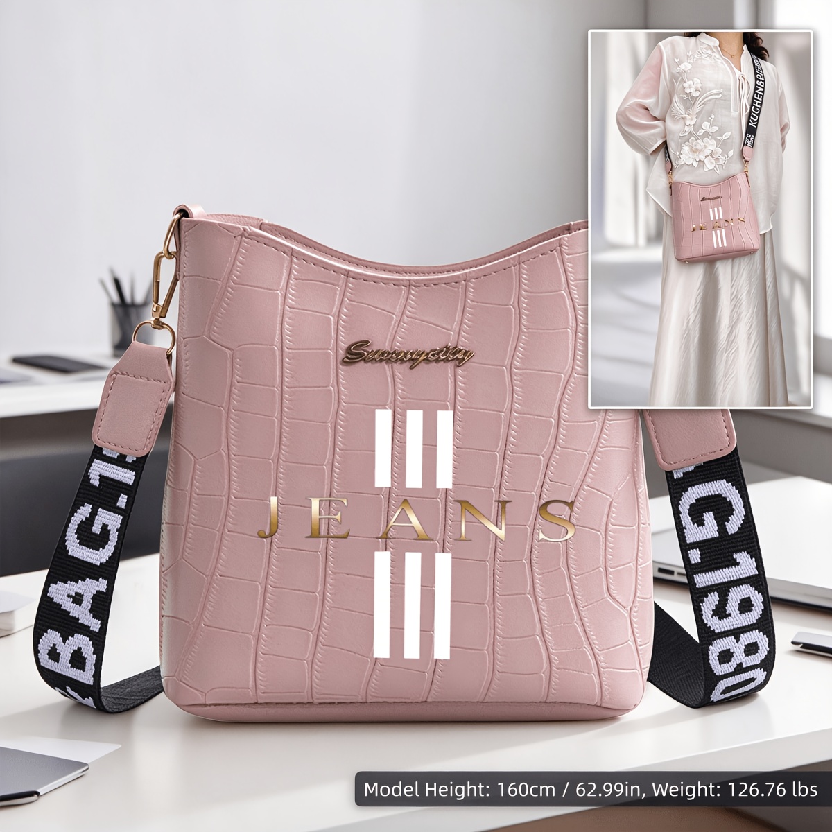 TEMU Bolso bandolera de dibujos animados para mujer, adornado con un exquisito estampado de texto dorado 2D, cierre de cremallera, de correa