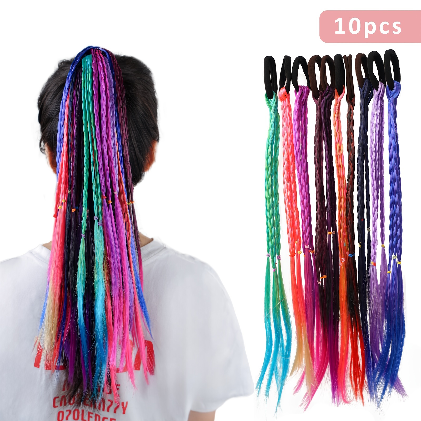 TEMU 10pcs Colored Braids Hair Extensions With Rubber Bands, Girls Hair Extension Colorful Braided Wigs Ponytail Headbands Rubber Bands Hair Bands