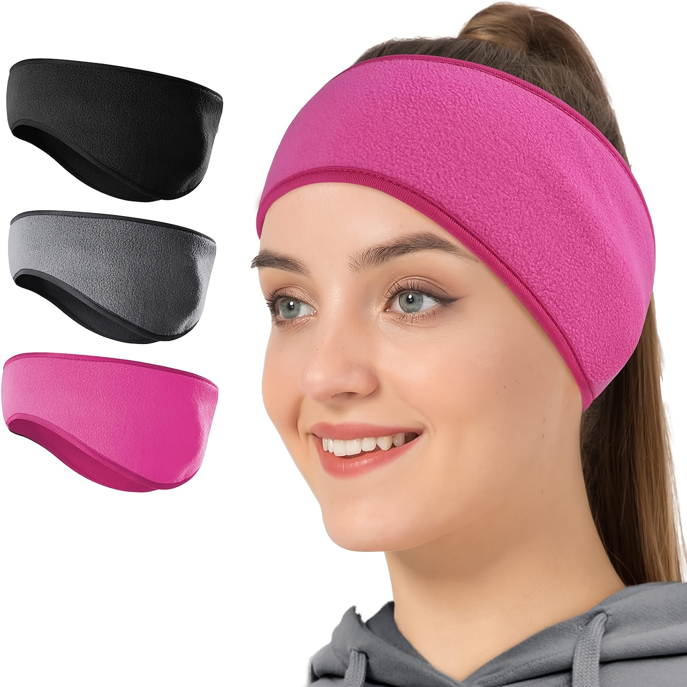 Fleece-Ohrwärmer Für Damen/Herren – Schwarz-rosa, Für Sport Bei Kälte (Laufen, Skifahren, Radfahren)