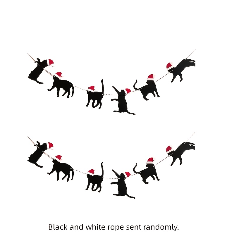 TEMU 12pcs/set Christmas Black Cat Banners, Wreaths With Santa Hats, Christmas Wall Hangings, Pet Cat Silhouette Triangular Flags, Suitable For Home