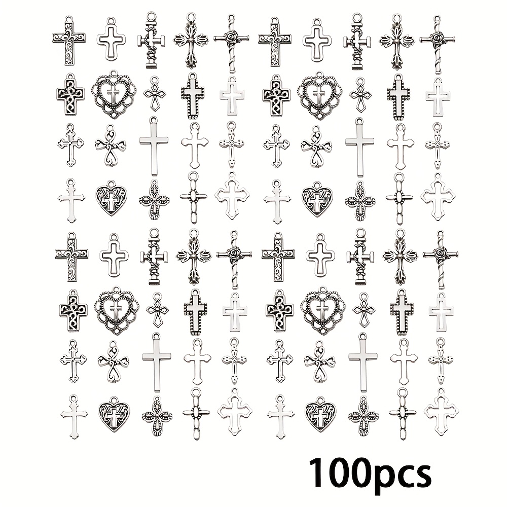 Image of 100pcs Mixed Pack Vintage Silvery Cross Pendant Beautifully Engraved Charms For Necklace Bracelet Keychain Making Crafts