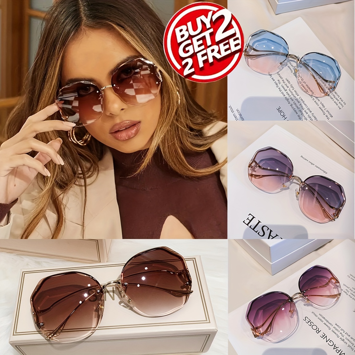 

4pcs Elegant Rimless Gradient Fashion Glasses For Women - Fashionable Round Metal Frame, Beach & Party