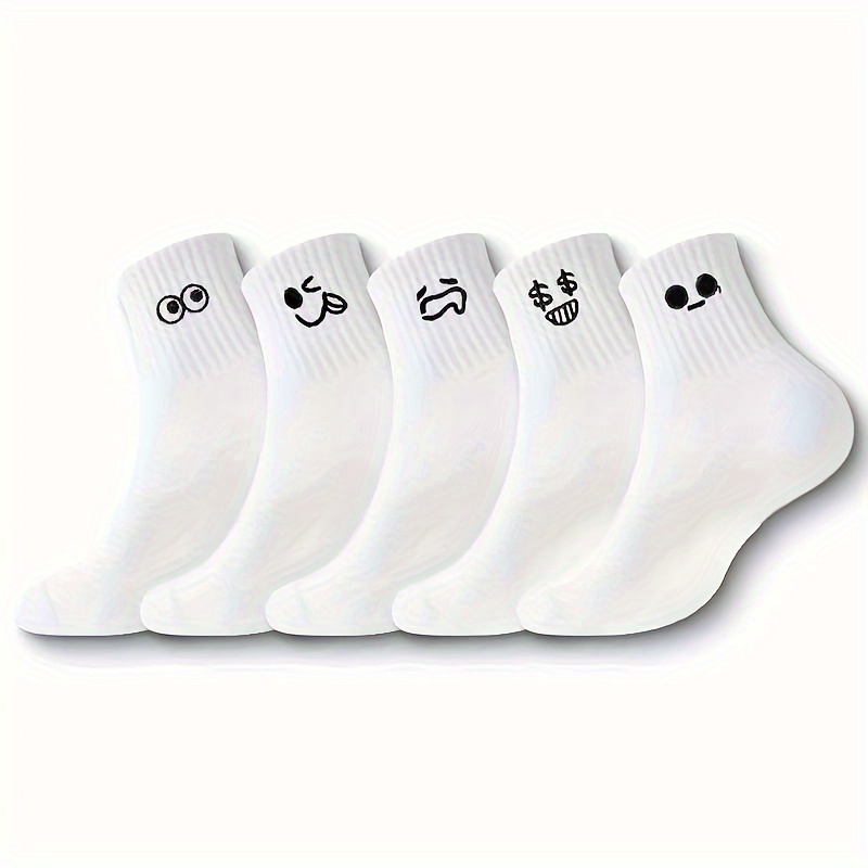 White 5-Pair Pack Cartoon Mid-Calf Socks, Unisex All-Season