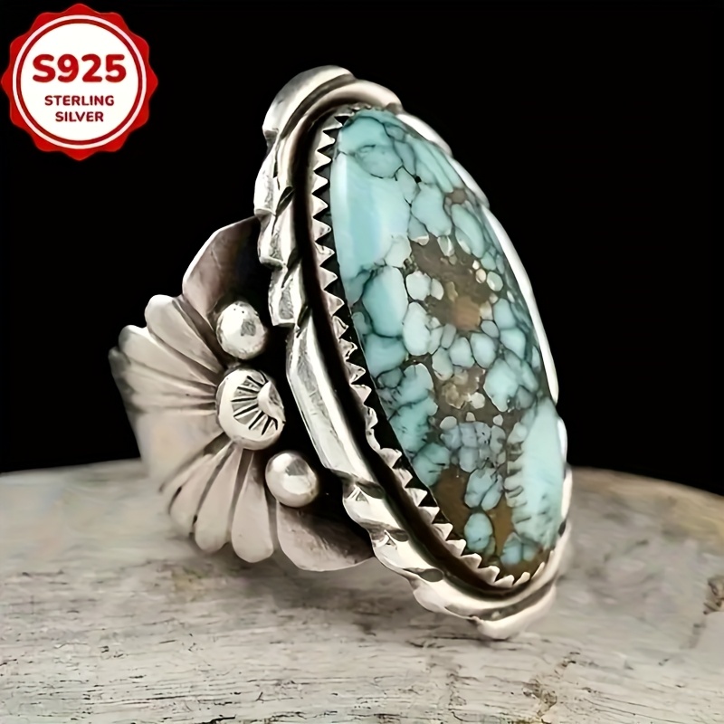 TEMU Bohemian S925 925 Silver Plated Retro Synthetic Turquoise Ring Wedding Ring Accessories Valentine's Day Gift Wide Band Ring, Elegant And