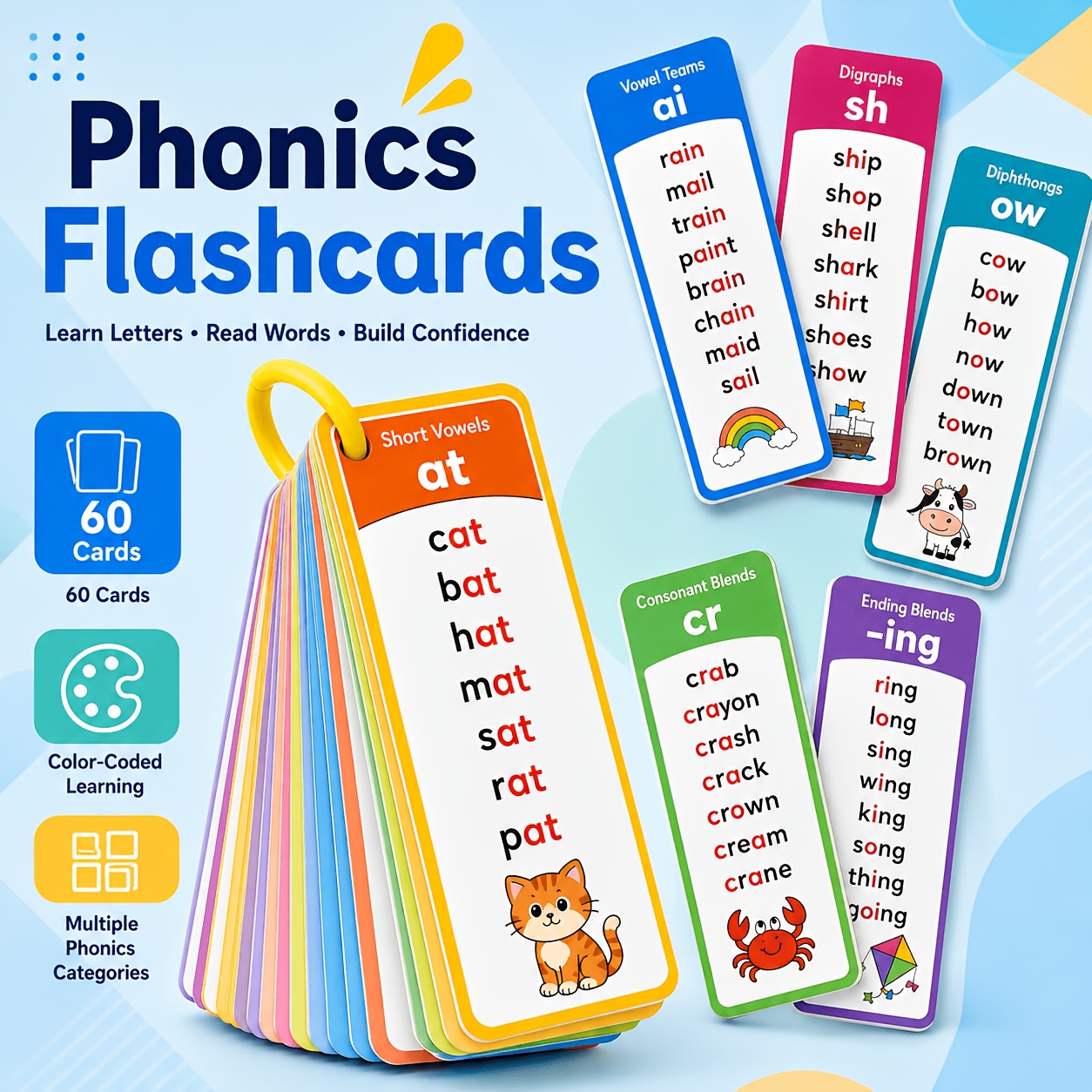 TEMU 60pcs English Phonics Learning Flashcard Set, Featuring 936 Word Phonics Flashcards That Cover 117 Sets Of Short , Vowel Combinations, Letter ,