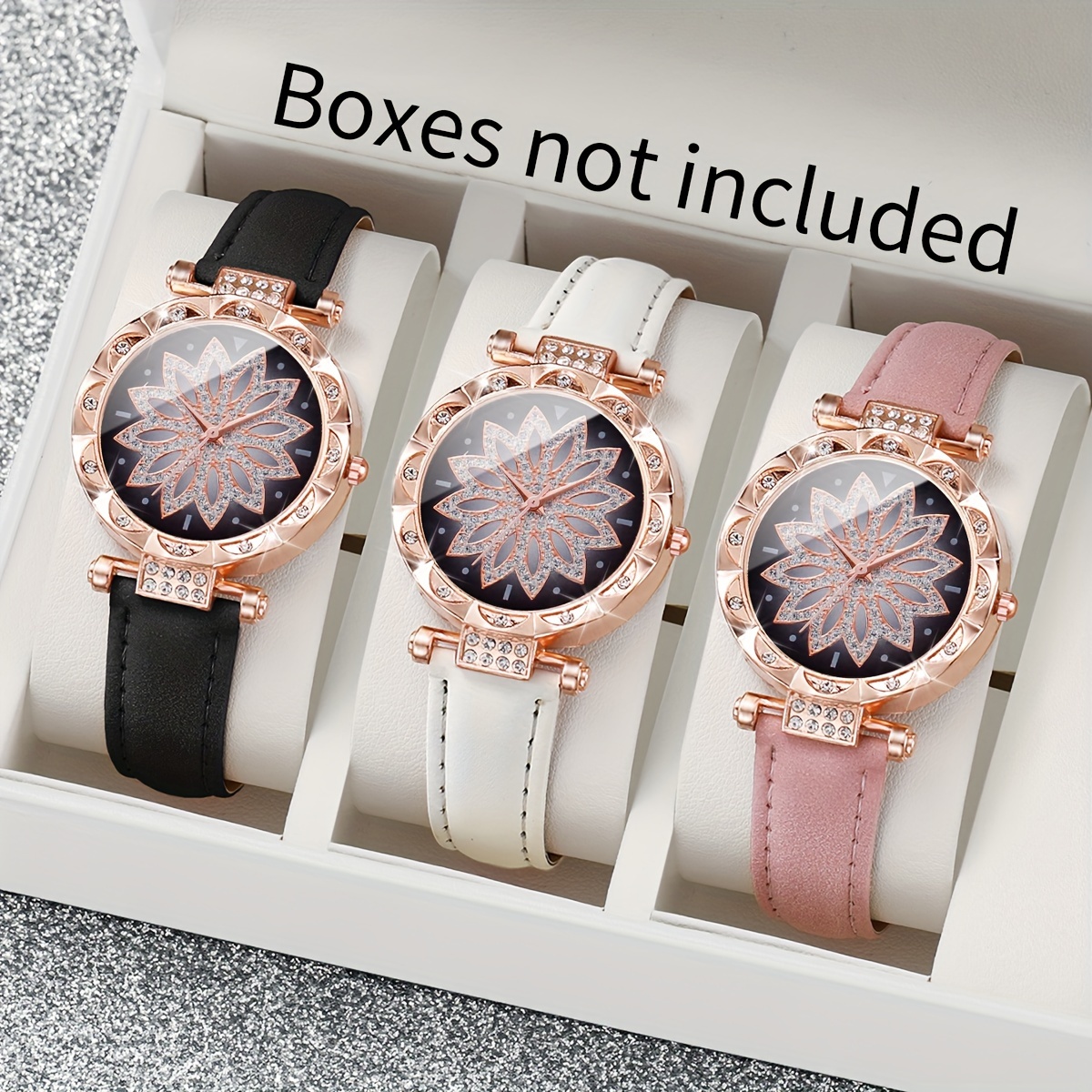

Elegant 3-piece Women's Quartz Watch Set With Rhinestone Flower Dial & Pu Leather Straps - Black, White, Pink