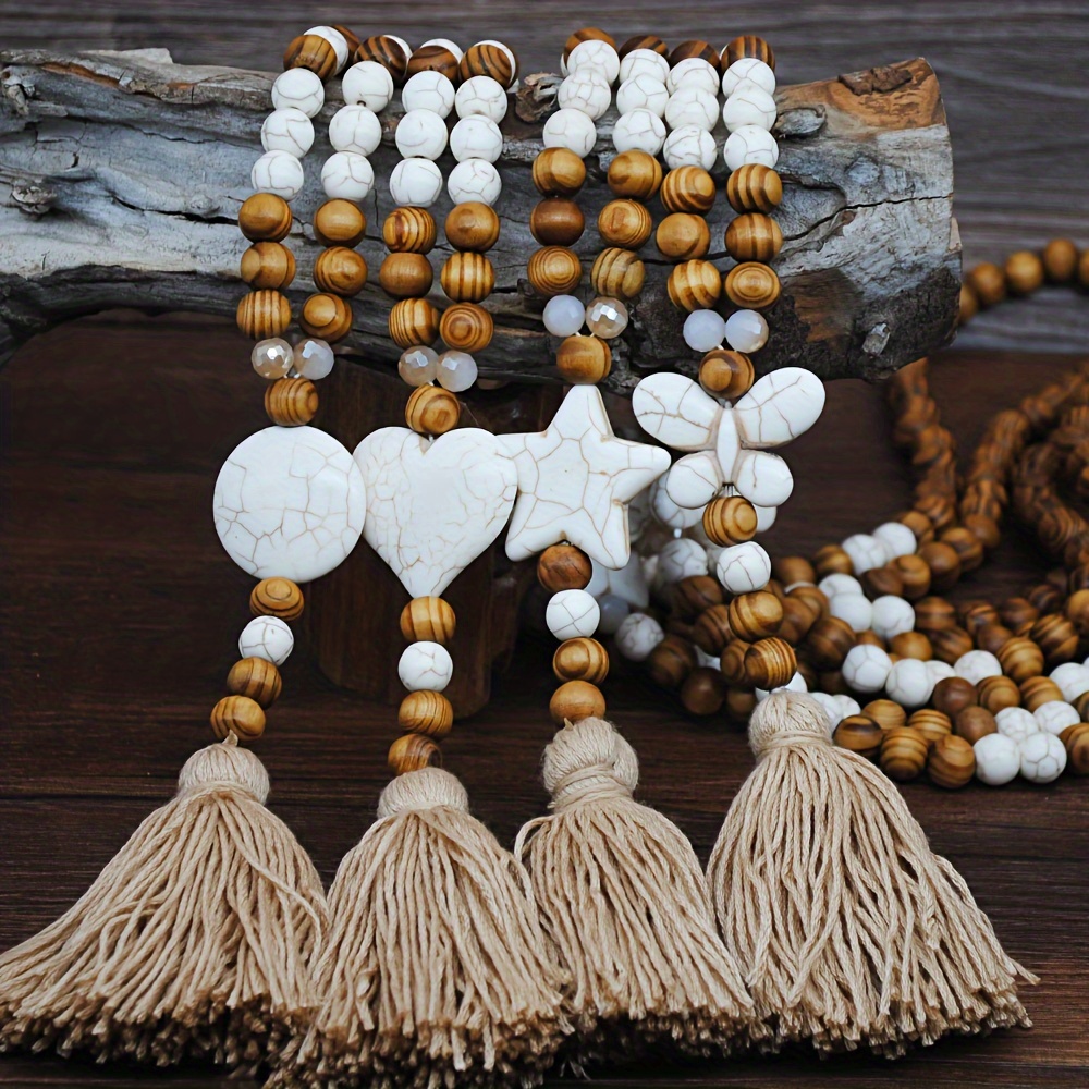 

Bohemian-style Long Necklace, Vintage White Turquoise Wooden Beads, Ethnic Love Butterfly Star Tassel Pendant, Handmade Beaded Sweater Chain Personality Jewelry Decorative Accessories