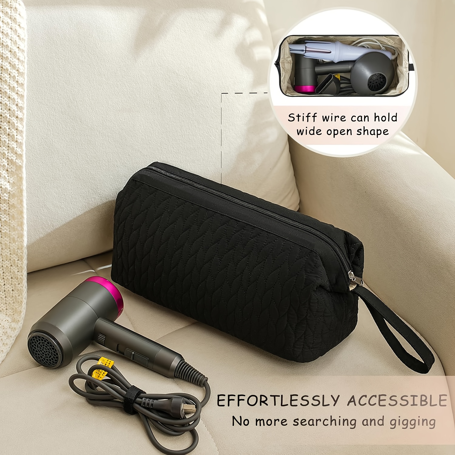 TEMU Large Portable Hair Tool Storage With Handle, Travel Accessory Organizer Suitable For Straighteners, Curling Irons, And Hair Dryers