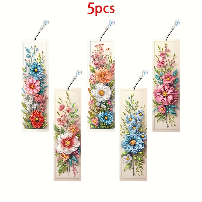 TEMU 5pcs Set Of 5.8x19.5cm Bookmarks With Vibrant Floral Patterns, 5d Special-shaped Ornament Gift With Diamond Pendant, Ideal For Home, Office,
