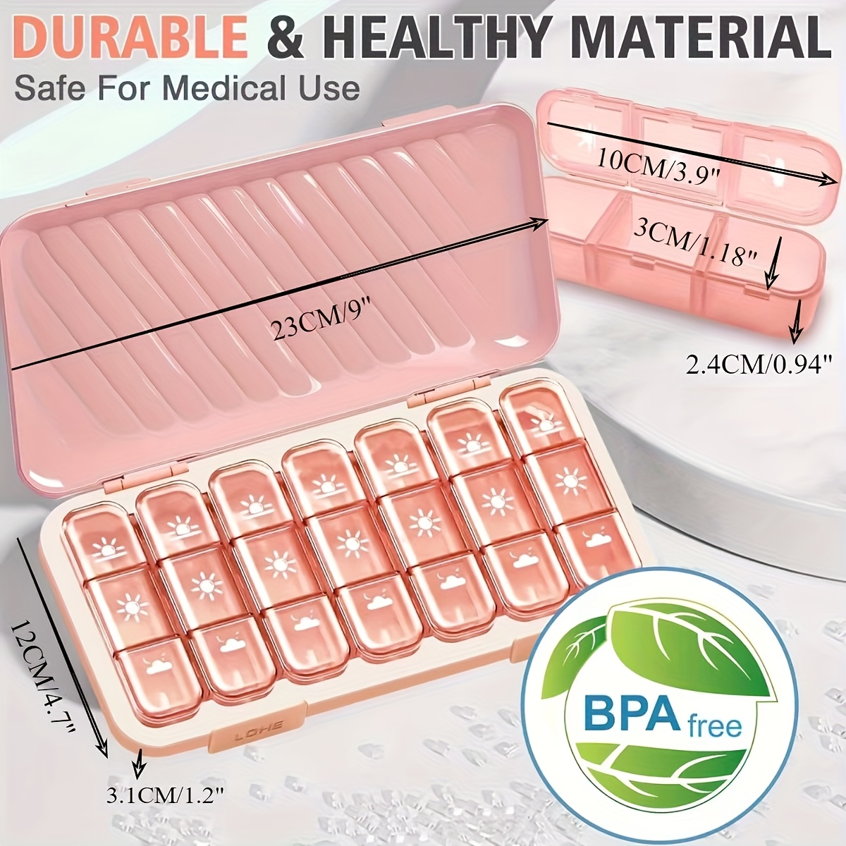 Image of Pill Organizer 3 Times A Day, 7 Day Pill Box - Weekly Pill Organizer, Portable Removable Daily Medicine Container Dispenser Case For Vitamin Fish Oil Supplement, Pink
