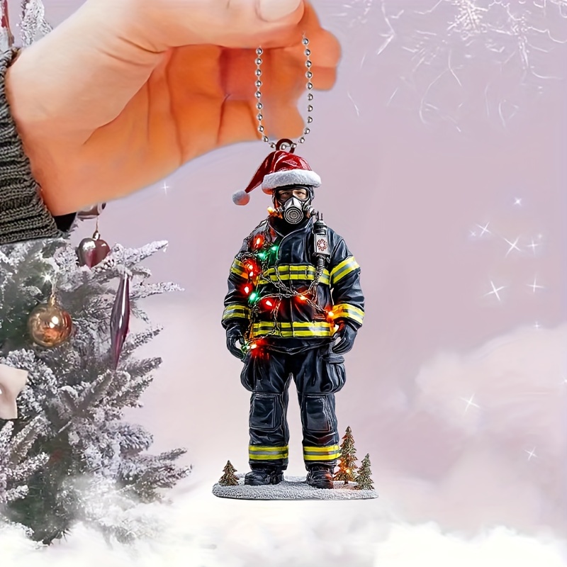 

1pcs Acrylic Firefighter Keychain Christmas Ornament, Fireman Keyring With Led Lights, Holiday Themed Charm For Car Keys, Handbag & Gift Decoration, Ideal Present For Family, Friends & Couples