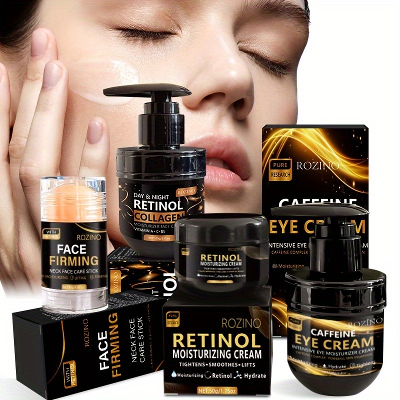 ROZINO 4pcs Retinol Skincare Set Firming, All Skin Types, Moisturizing & Firming, Caffeine Eye Cream, Face Cream, Moisturizing Cream, Facial And Neck Care Stick, Nighttime, Wrinkle Skincare Set, Skin Soft, Delicate And Smooth